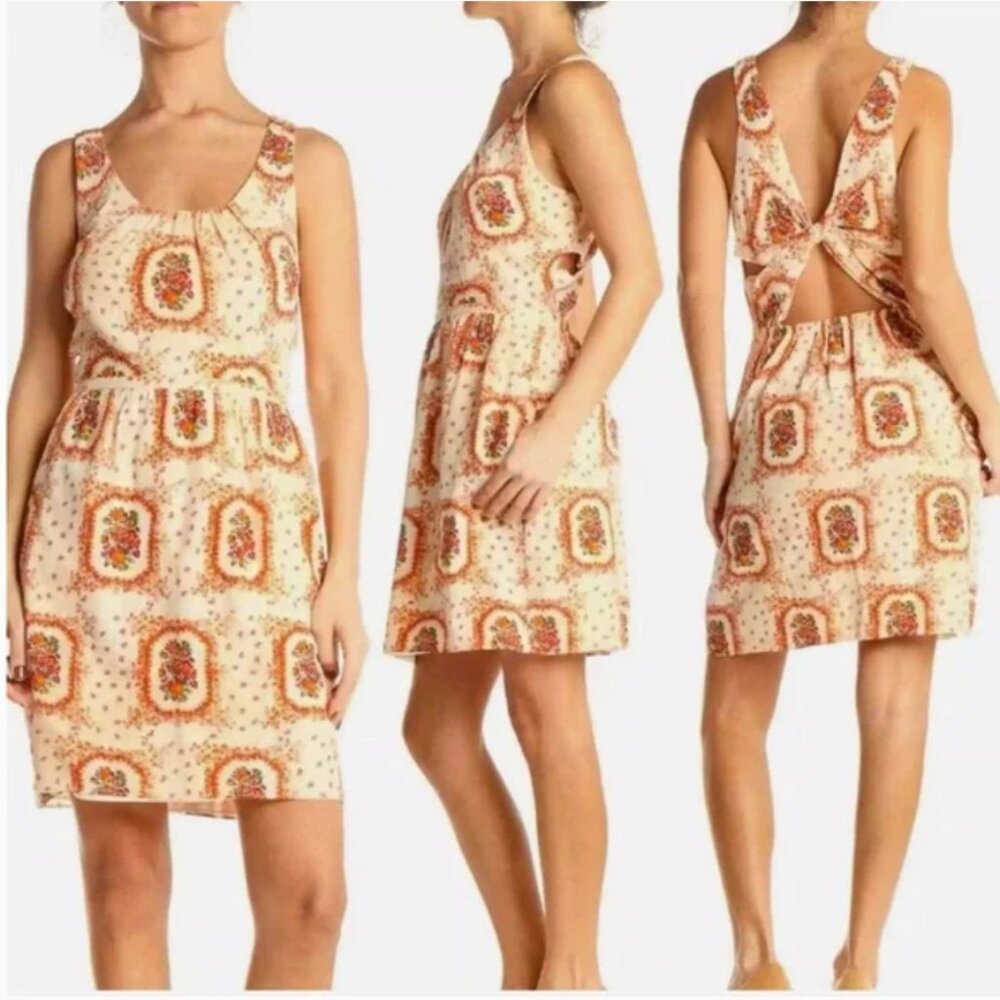 NWT Madewell 100% Silk Mini Dress Cut Outs Women's 4 Cream Orange Summer Floral